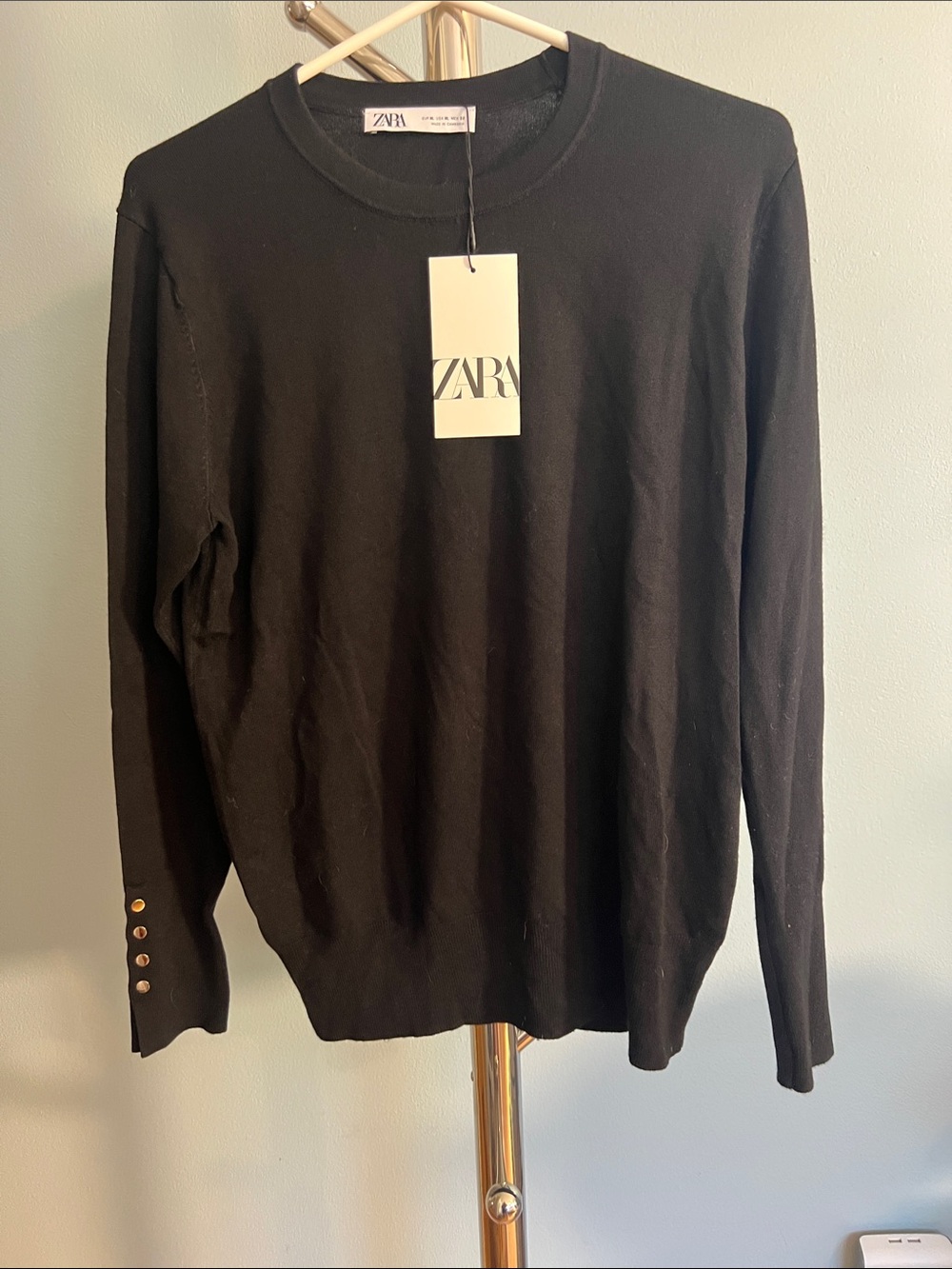 Zara Black Crewneck Sweater with Gold Button Cuff
